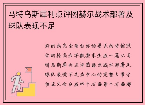 马特乌斯犀利点评图赫尔战术部署及球队表现不足